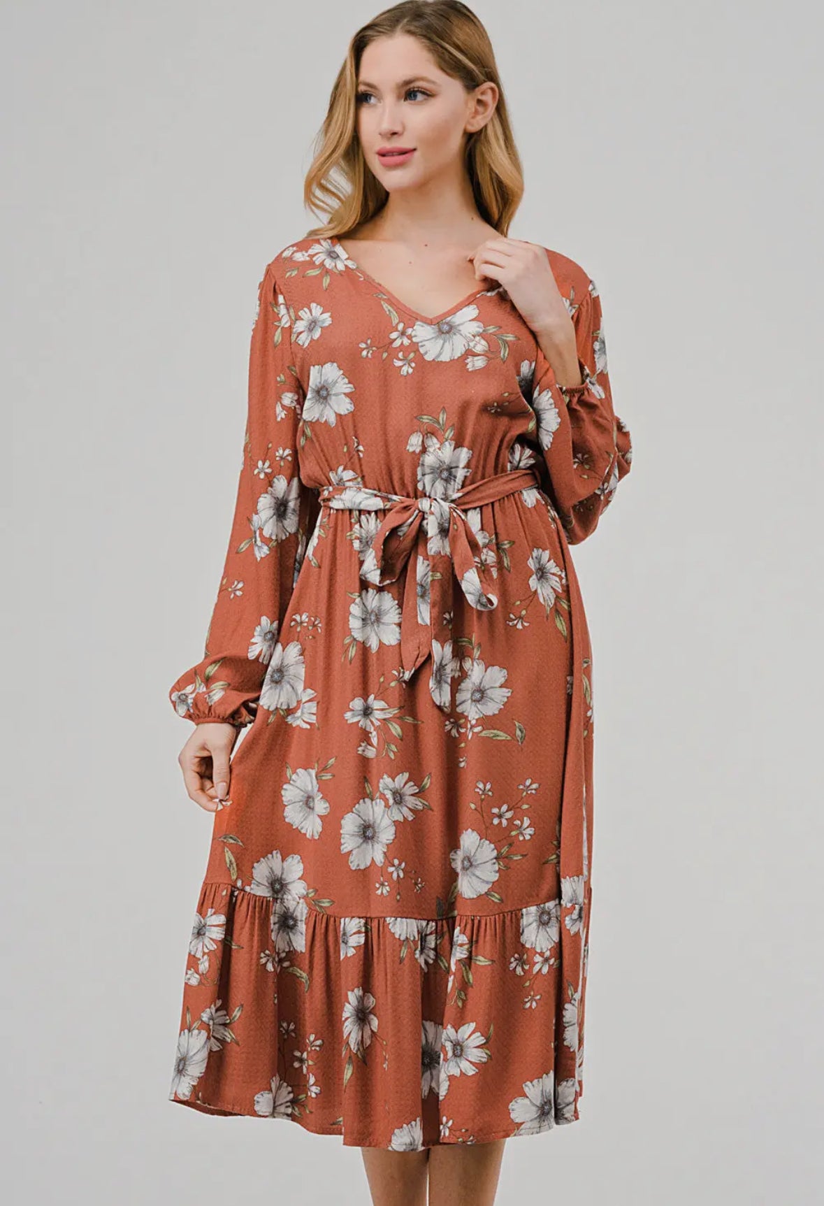 V-neck Long Sleeve Floral Dress - Rust