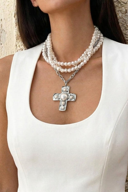 Notable Hammered Cross Multi-Wrap Pearl Necklace - Gold or Silver