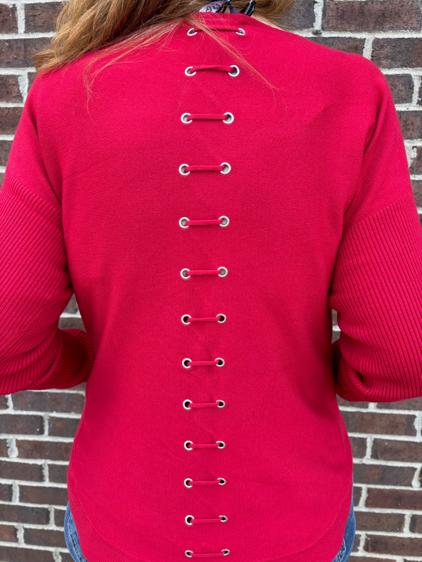 Charlie B Crimson Knit Sweater With Back Lace-Up Detail