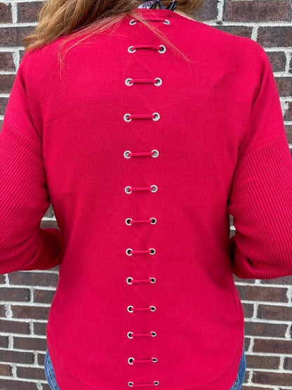 Charlie B Crimson Knit Sweater With Back Lace-Up Detail