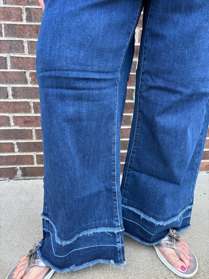 Charlie B Indigo Flare Leg Jeans With Fringed Hem