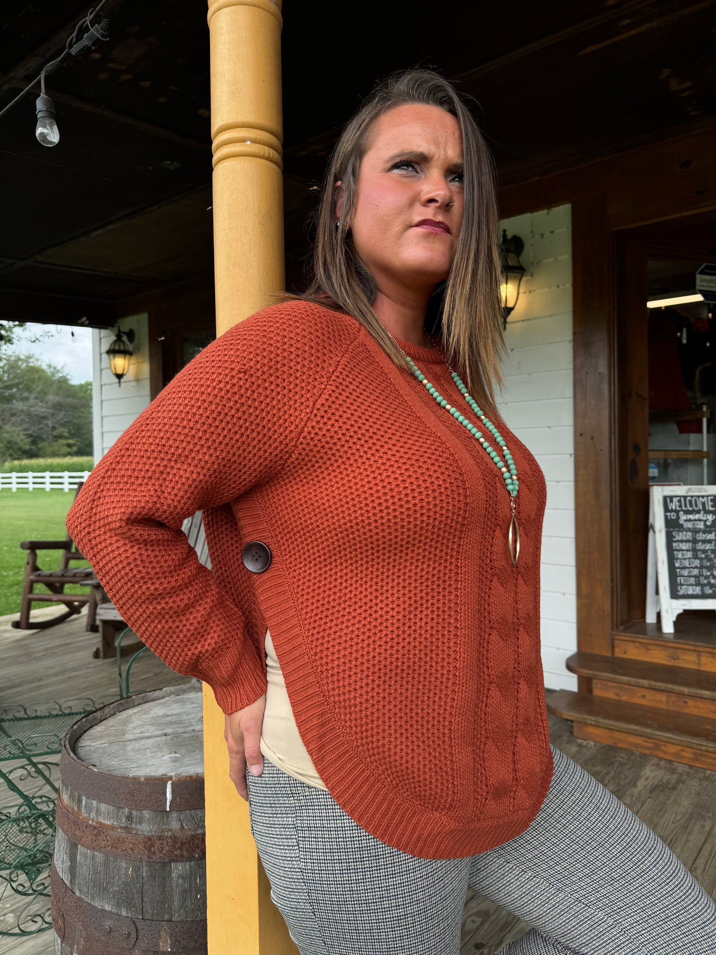 Keren Hart Long Sleeve Waffle Knit Sweater with Side Button Detail - Rust