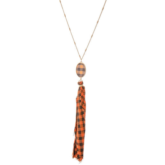 Buffalo Check Fabric Tassel Pendant Necklace.