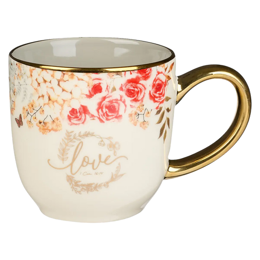 Love Red and Orange Floral Ceramic Mug - 1 Corinthians 16:14