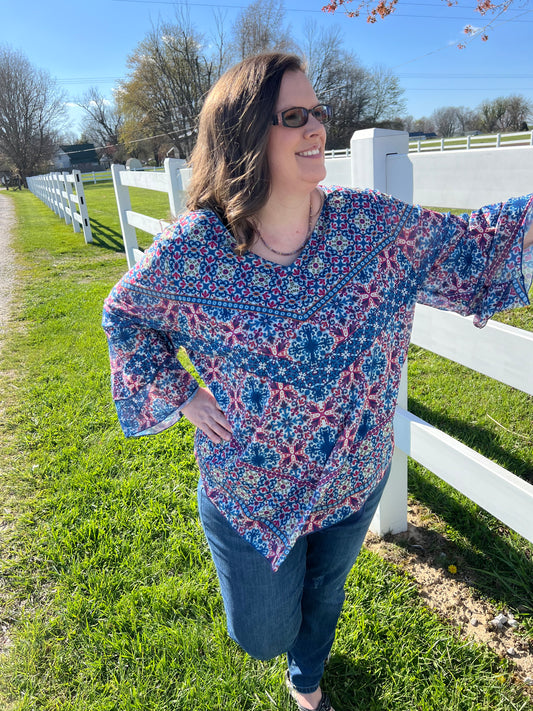 V Neck Mesh Sleeve Medallion Chevron Print Top by Ruby Rd