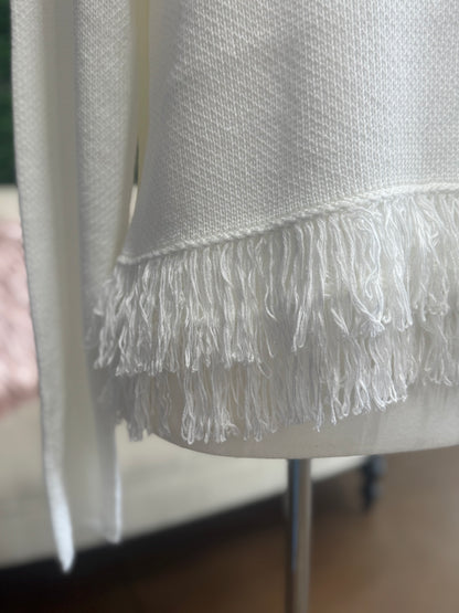 Charlie B Ecru Long Sleeve Crew Neck Sweater with Fringe Hem