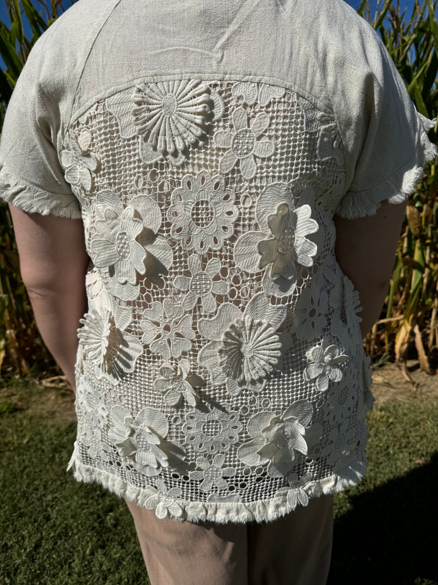 Short Sleeve Linen Fringe Top with Floral Lace Back Detail