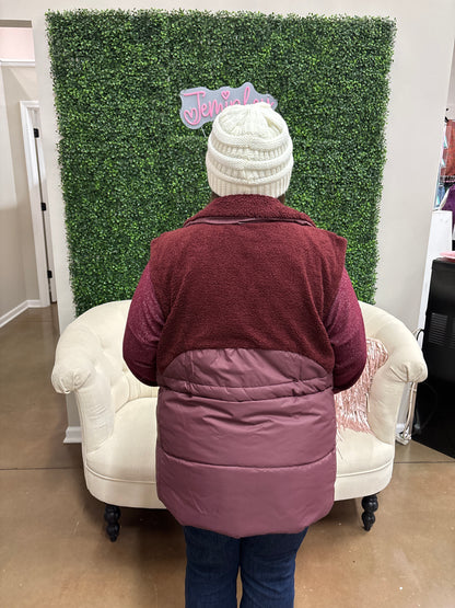 Keren Hart Long Burgundy Vest with Pocket and Sherpa Detail