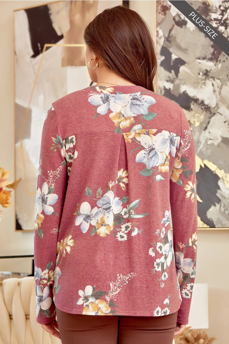 Dear Scarlett - Plus Size Floral Print Long Sleeve Knit Top - Sizes XL-3X