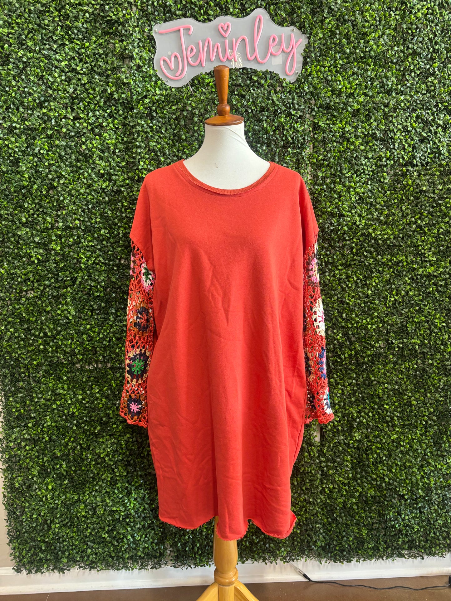 Umgee Orange Dress with Crochet Sleeves