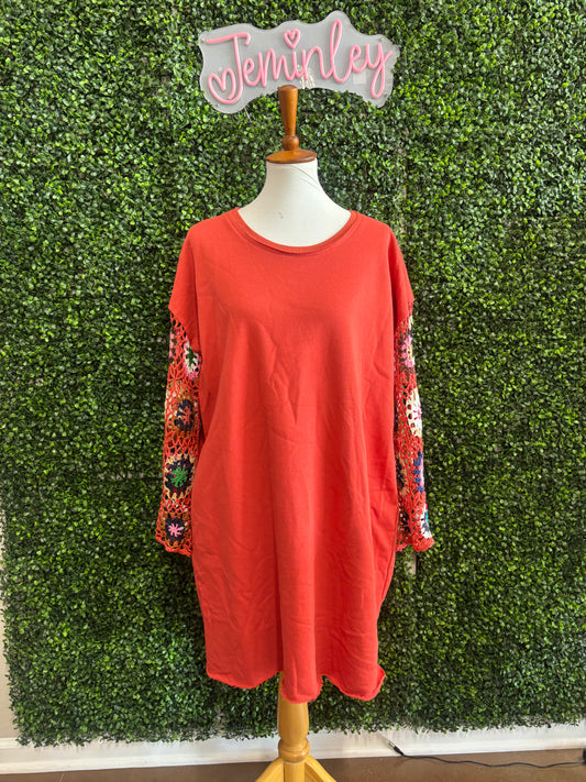 Umgee Orange Dress with Crochet Sleeves