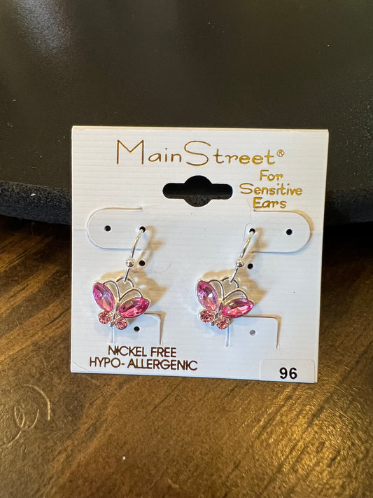 Silver butterfly earrings with pink stones