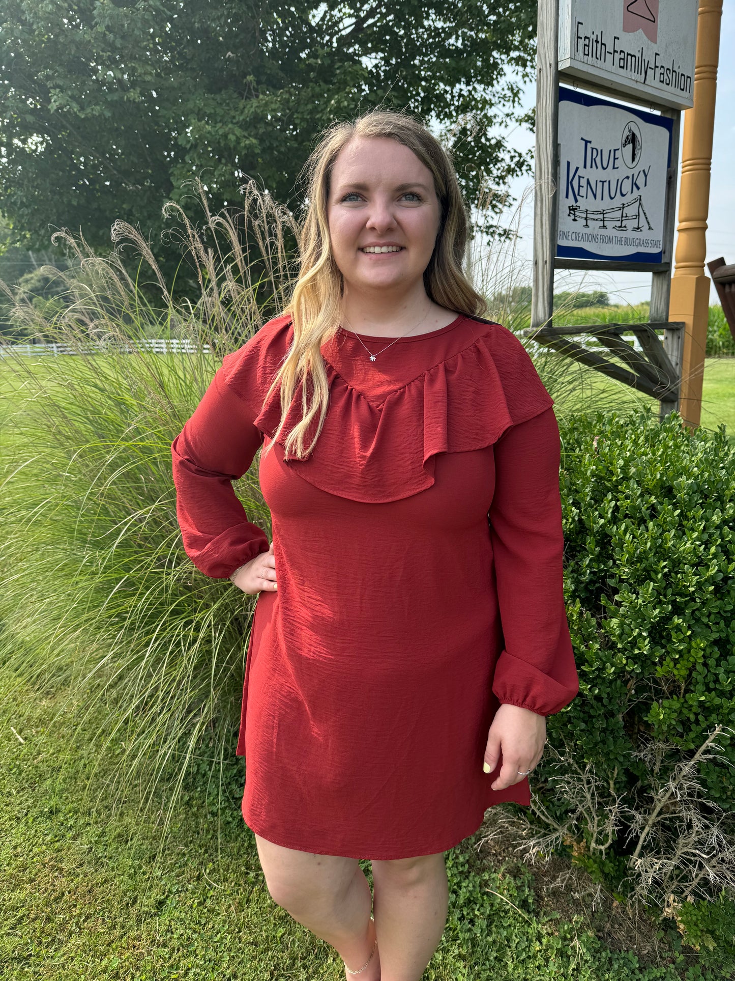 Fall Dress with Ruffle Neck Line - auburn color