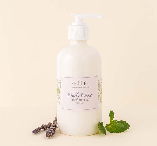 Bottle of FarmHouse Fresh Shea Butter Whip Body Cream moisturizing dry skin with shea butter and cucumber
