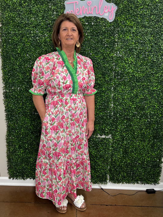 Umgee Pink Floral Ruffle Trim Tiered Midi Dress