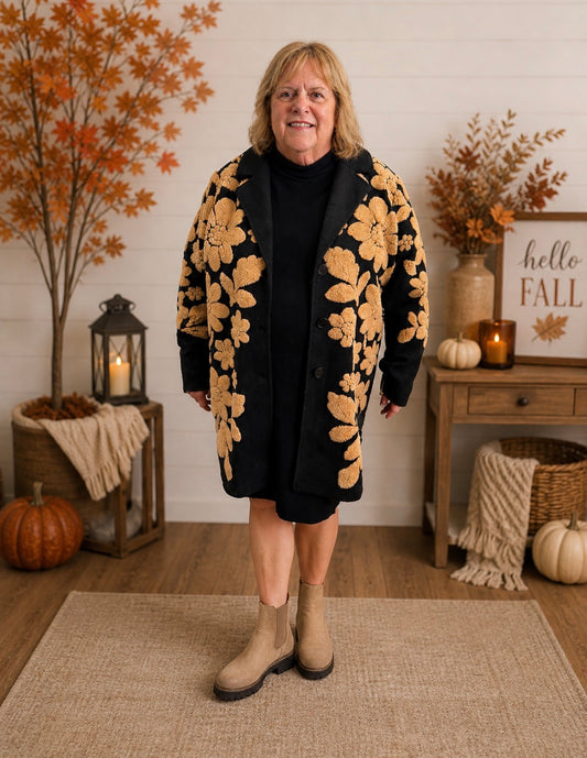 Charlie B collared coat with 3 button closure - black with embroidery
