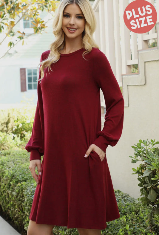 Mommy and Me Puff Long Sleeve Hacci Brushed Dress - Dark Ruby