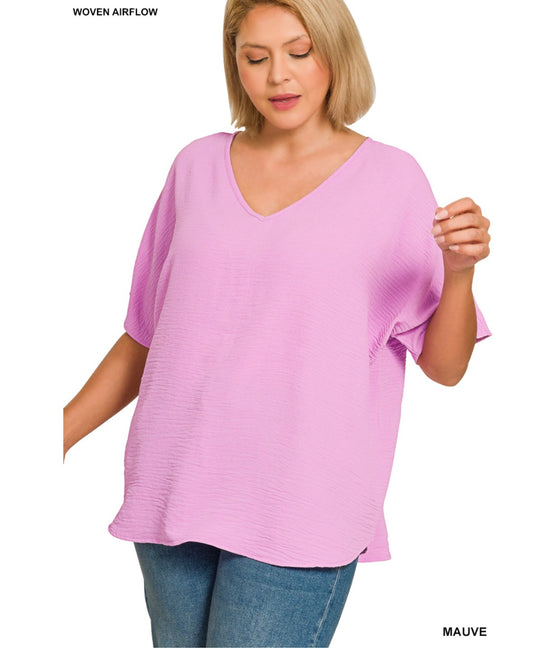 Zenana Plus woven airflow V-neck short sleeve top - Mauve
