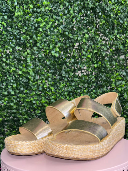 Corkys gold metallic sandals for women, comfortable dressy summer sandals, lightweight boutique shoes for church and special occasions, stylish gold slip on sandals
