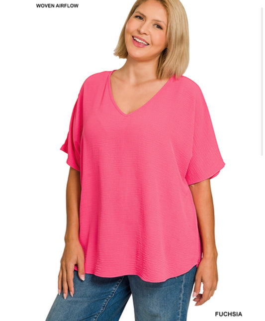 Zenana Plus woven airflow V-neck short sleeve top - Fuchsia