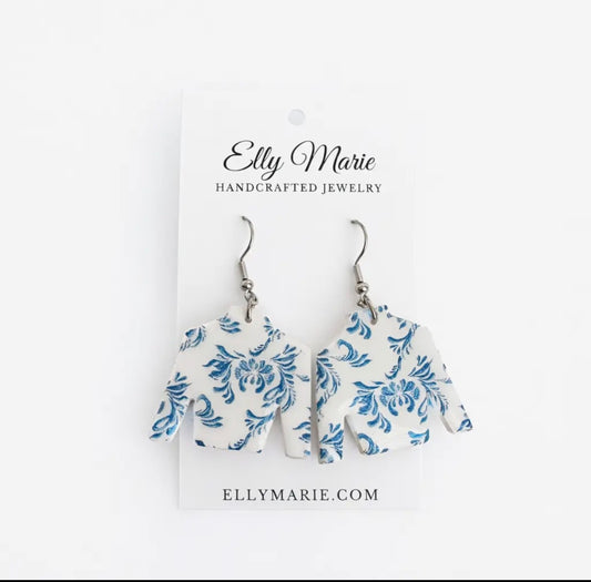 Blue and White Floral Jockey Silks Derby Earrings