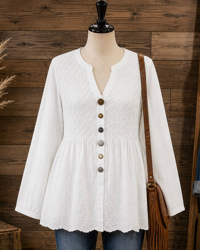 Paper Lace Cotton Embroidered Tunic Top with Vintage Buttons