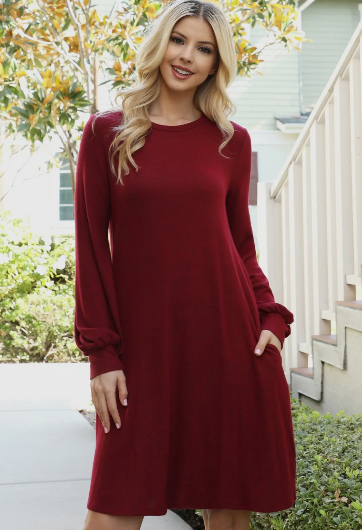 Mommy and Me Puff Long Sleeve Hacci Brushed Dress - Dark Ruby