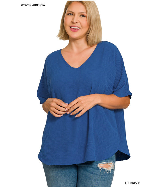 Zenana Plus woven airflow V-neck short sleeve top - Lt Navy