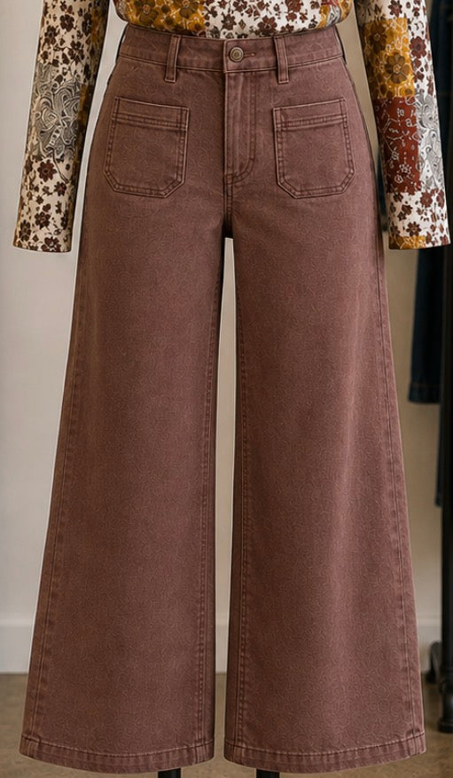 Charlie B Cropped Insert Pocket Wide Leg Chocolate Twill Pants