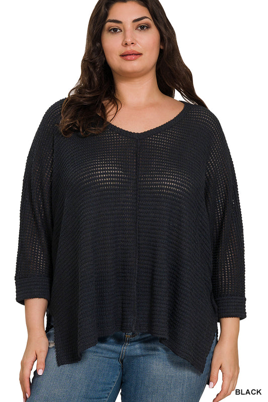 Zenana PLUS 3/4 SLEEVE V-NECK HI-LOW HEM JACQUARD SWEATER - 2 Colors