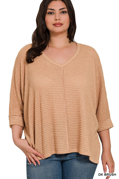Zenana PLUS 3/4 SLEEVE V-NECK HI-LOW HEM JACQUARD SWEATER - 2 Colors