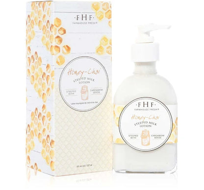 Packaging of FarmHouse Fresh Honey-Chai Steeped Milk Lotion moisturizing fall body lotion with coconut milk
