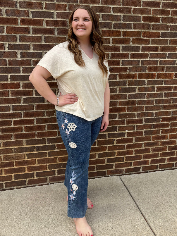 Charlie B Floral Embroidered Crochet Jeans