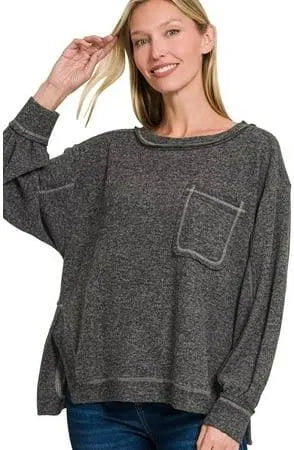Zenana Brushed Hacci Hi-Low Round Neck Knit Top