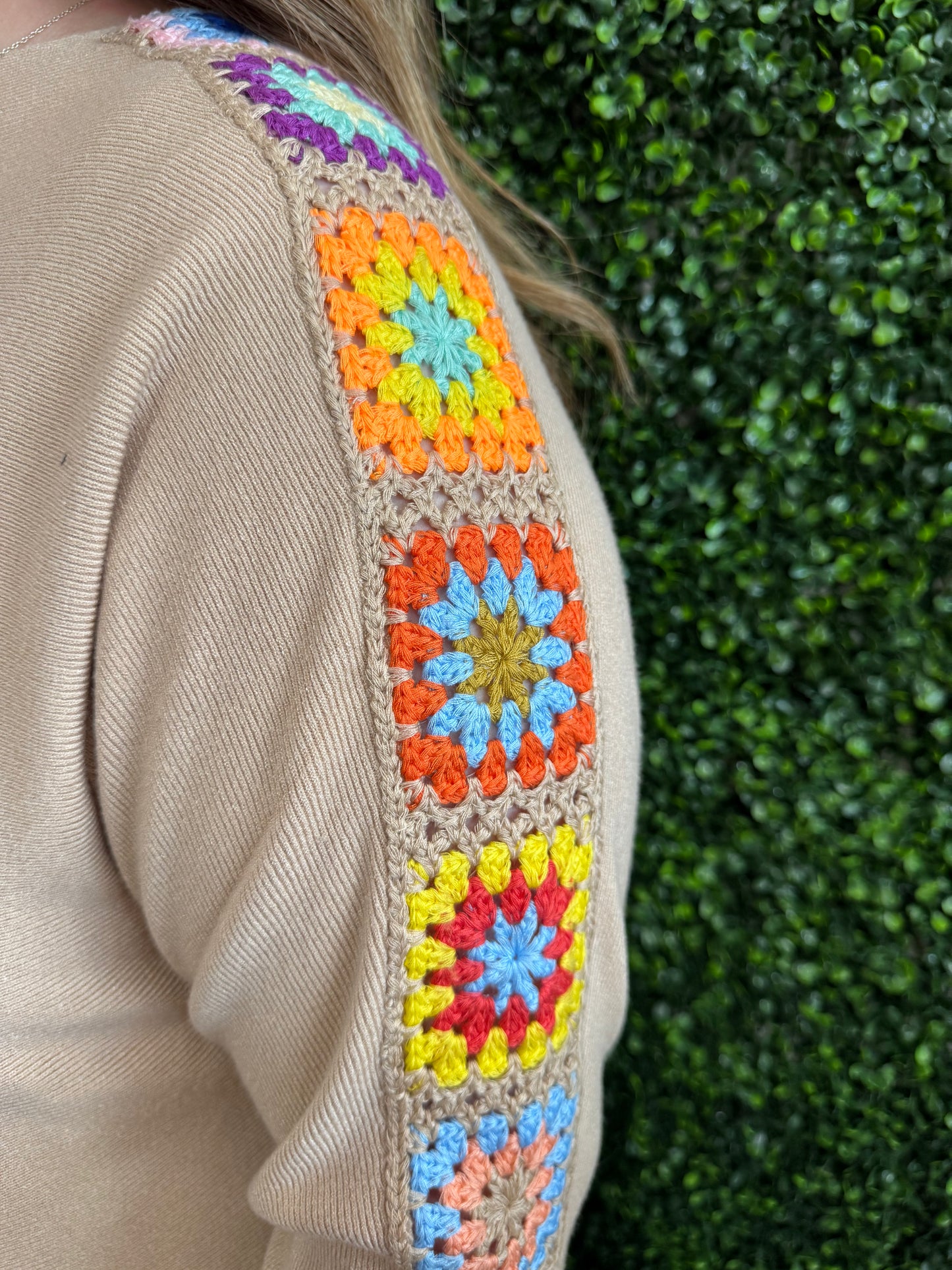 Keren Hart Beige Ribbed Sweater with Granny Knit Sleeve