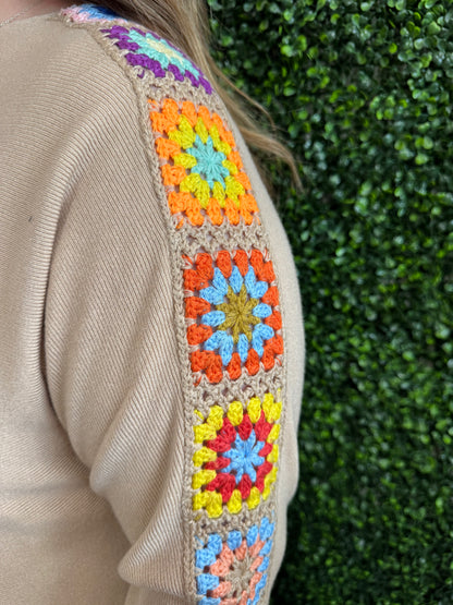Keren Hart Beige Ribbed Sweater with Granny Knit Sleeve