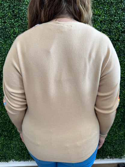 Keren Hart Beige Ribbed Sweater with Granny Knit Sleeve