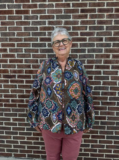 Umgee Boho Mosaic Print Button Down Blouse