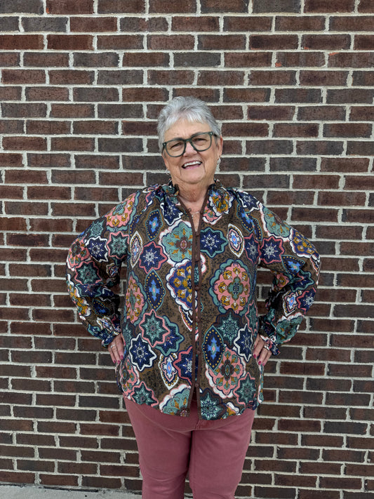 Umgee Boho Mosaic Print Button Down Blouse