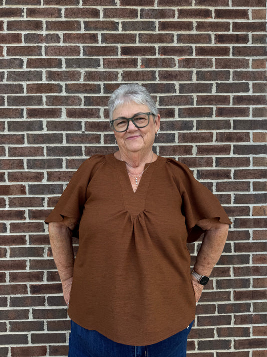 Carole Christian Cape Sleeve V-neck Top - Brown