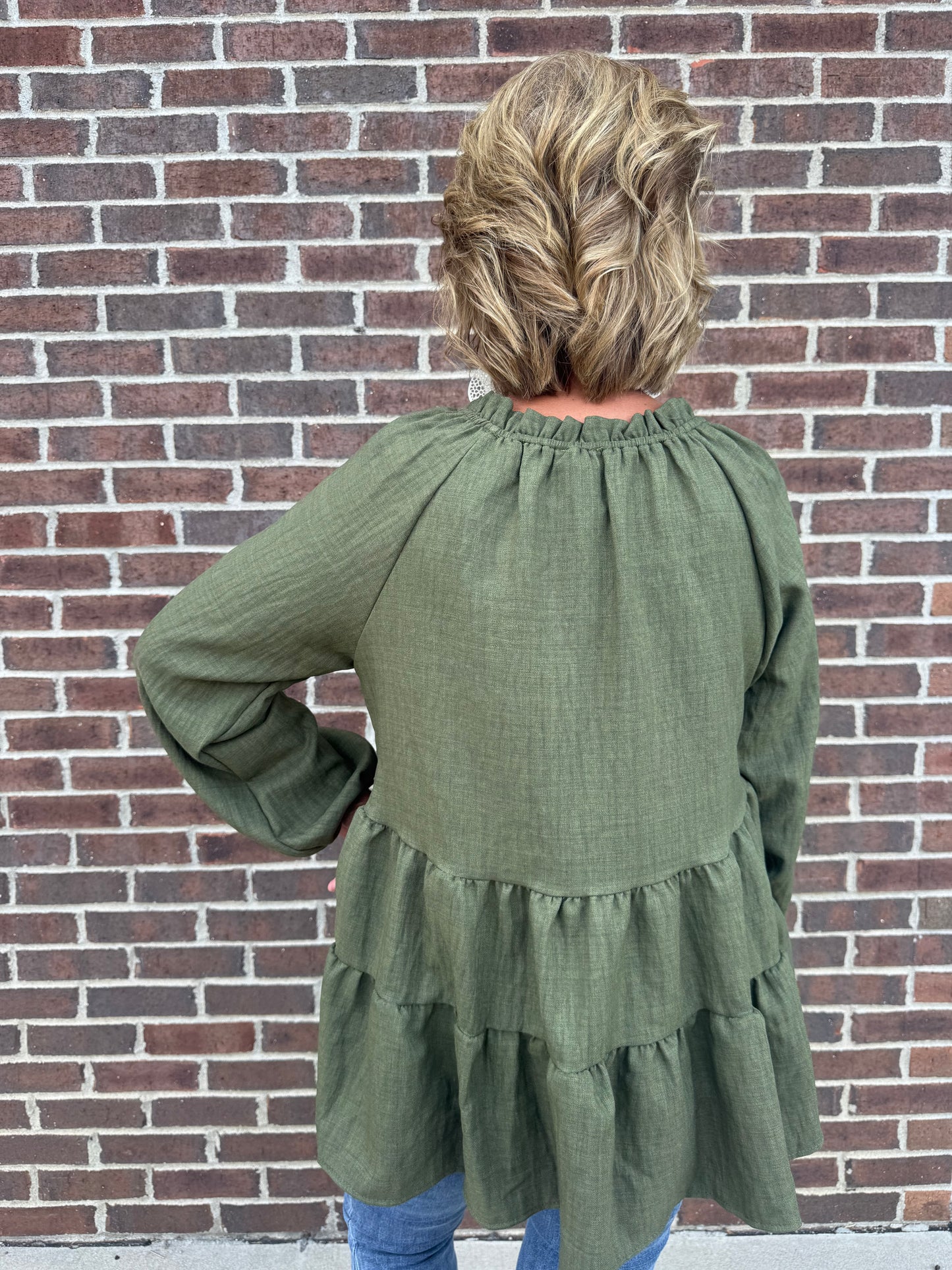 Carole Christian Long Sleeve Tiered Top with Ruffle Neckline - Olive