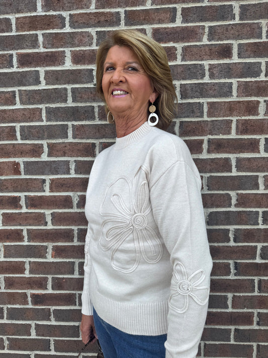 Charlie B Oat Crew Neck Floral Soutache Sweater