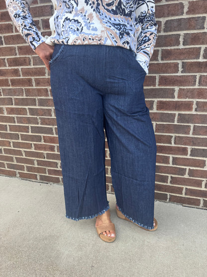Umgee Washed Denim Pants with Fringe Hem - 2 Colors -  Small -2X