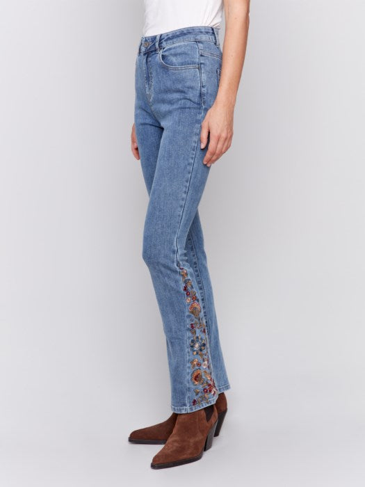 Charlie B Bootcut Jeans with Colorful Floral Embroidery