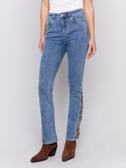 Charlie B Bootcut Jeans with Colorful Floral Embroidery