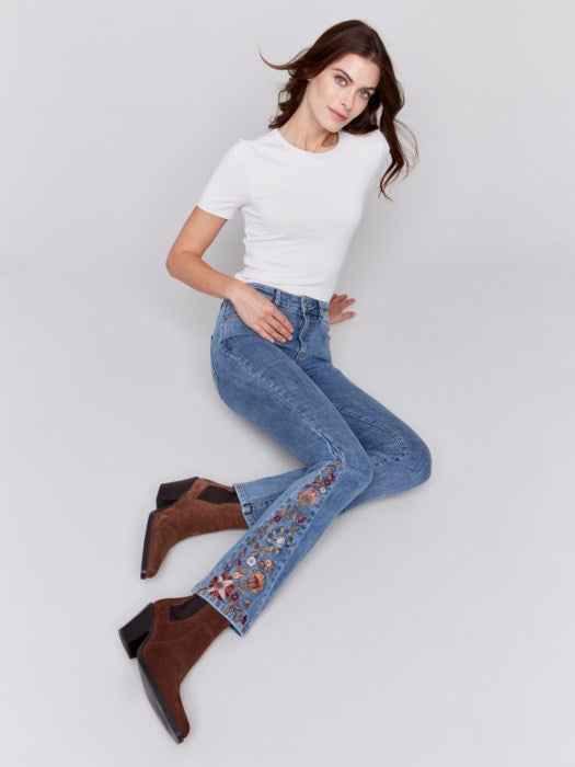 Charlie B Bootcut Jeans with Colorful Floral Embroidery