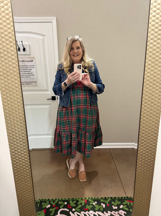 Entro Plaid Dress with Flutter Sleeves - Green