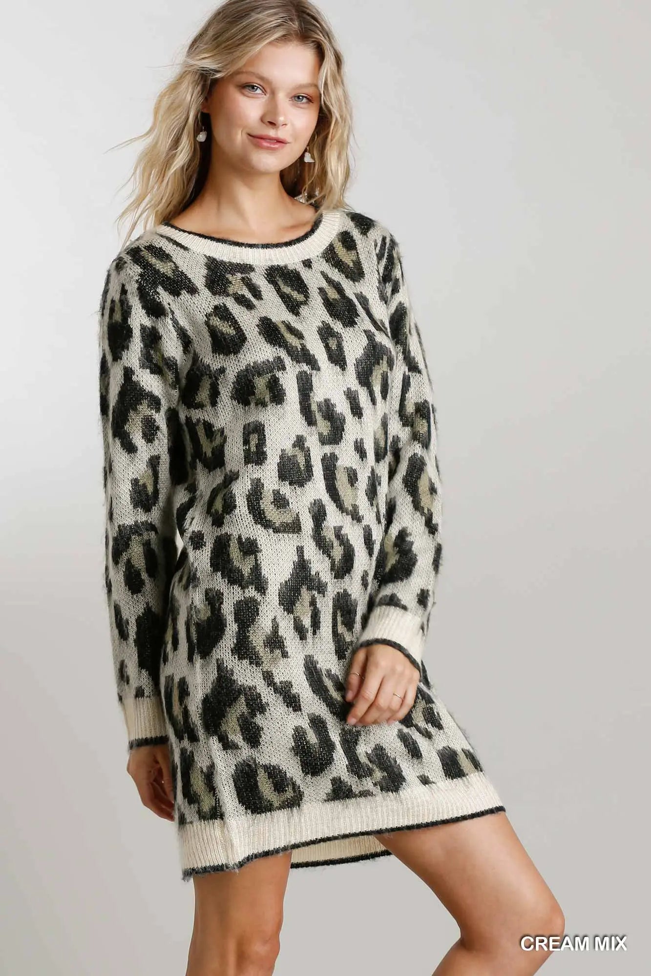 Umgee - Preorder Animal Print Round Neck and Long Sleeve Dress Sweater
