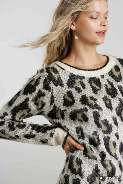 Umgee - Preorder Animal Print Round Neck and Long Sleeve Dress Sweater