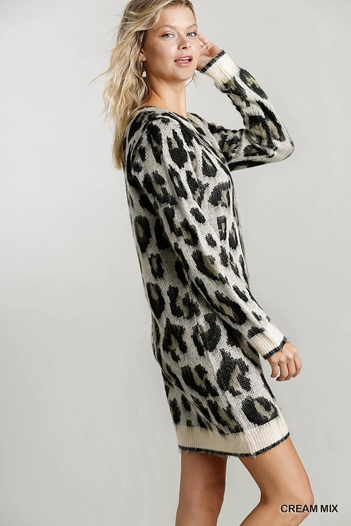 Umgee - Preorder Animal Print Round Neck and Long Sleeve Dress Sweater